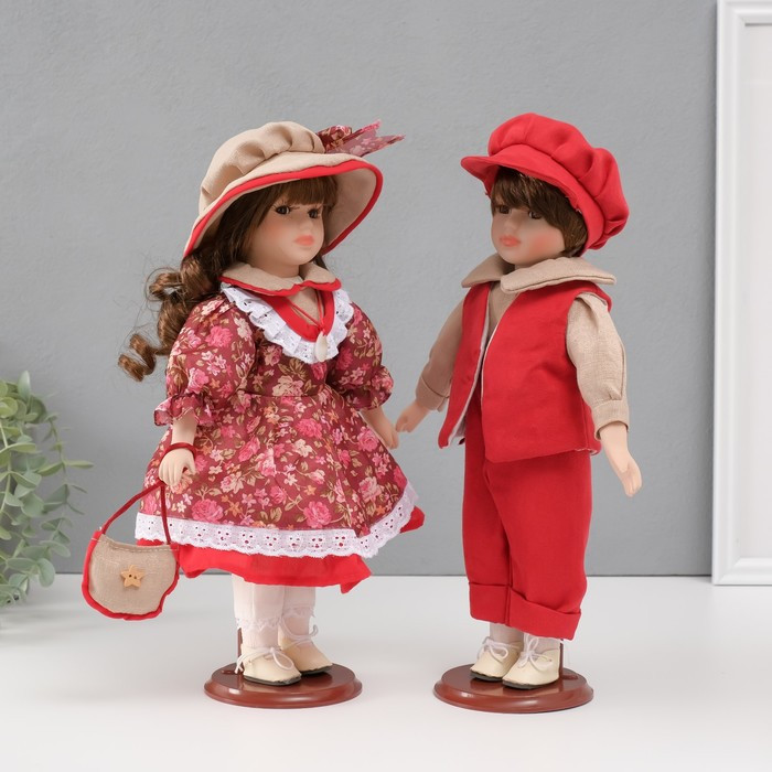 Кукла коллекционная парочка "Ксюша и Егор, бордовый наряд с цветами" набор 2 шт 31 см - фото 2 - id-p226787444
