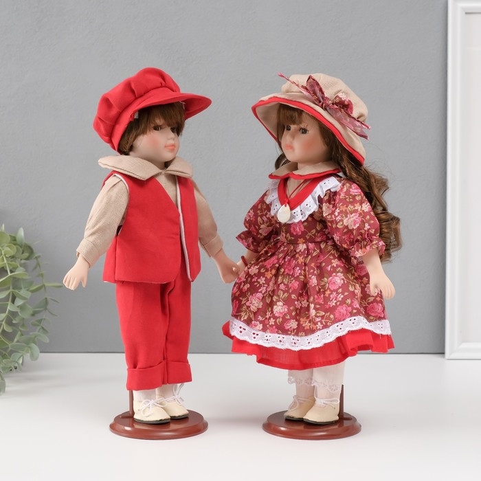 Кукла коллекционная парочка "Ксюша и Егор, бордовый наряд с цветами" набор 2 шт 31 см - фото 3 - id-p226787444