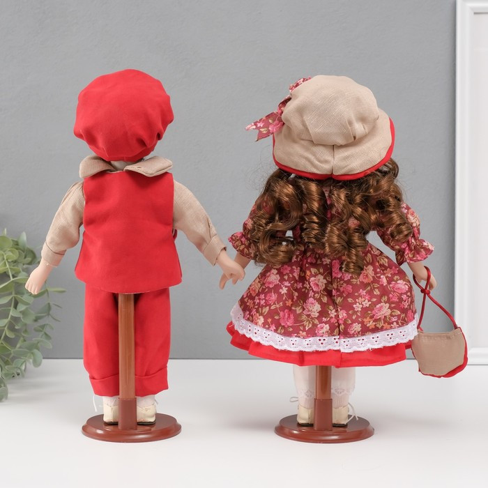 Кукла коллекционная парочка "Ксюша и Егор, бордовый наряд с цветами" набор 2 шт 31 см - фото 4 - id-p226787444