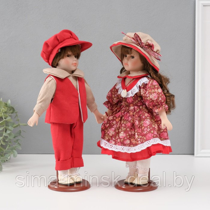 Кукла коллекционная парочка "Ксюша и Егор, бордовый наряд с цветами" набор 2 шт 31 см - фото 3 - id-p226800556