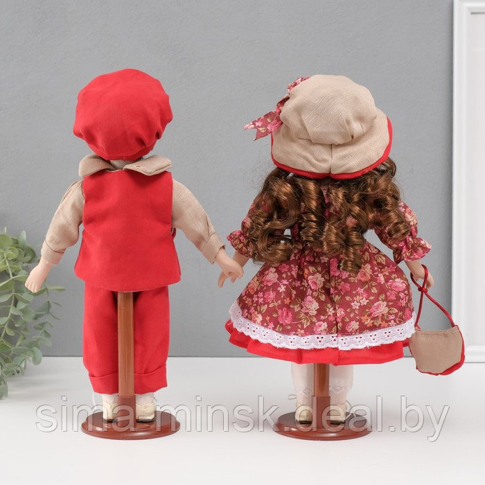 Кукла коллекционная парочка "Ксюша и Егор, бордовый наряд с цветами" набор 2 шт 31 см - фото 4 - id-p226800556