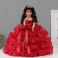 Кукла коллекционная зонтик керамика "Леди в бордовом платье с розой, в тиаре" 45 см