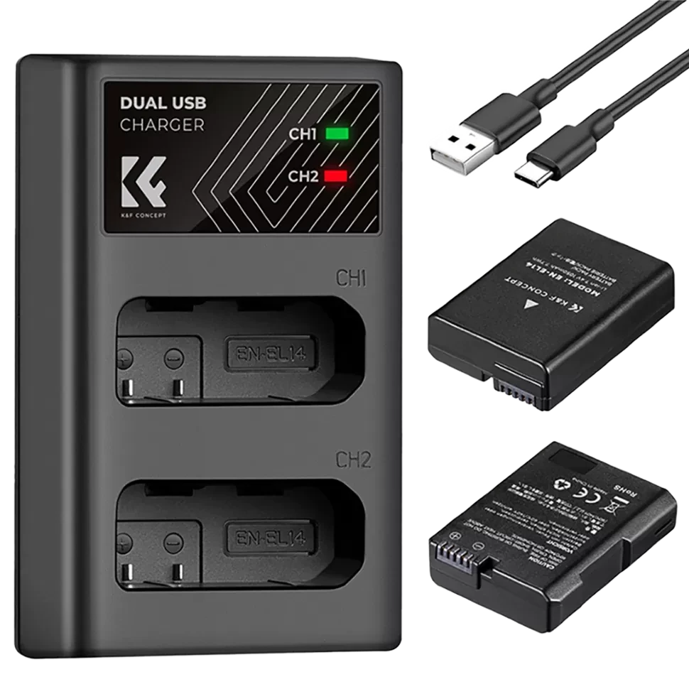 2 аккумулятора EN-EL14 + зарядное устройство K&F Concept KF28.0020 - фото 1 - id-p226743556