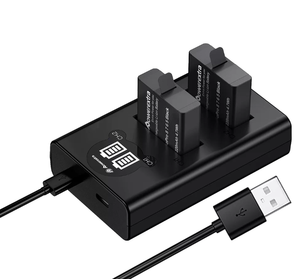 2 аккумулятора + зарядное устройство Powerextra для GoPro