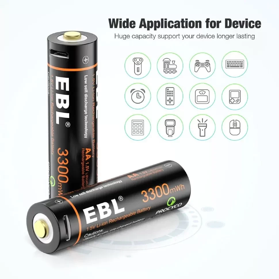 Комплект аккумуляторных батарей EBL USB Rechargeable AA 1.5V 3300mwh (4шт + зарядный кабель) - фото 3 - id-p226741486