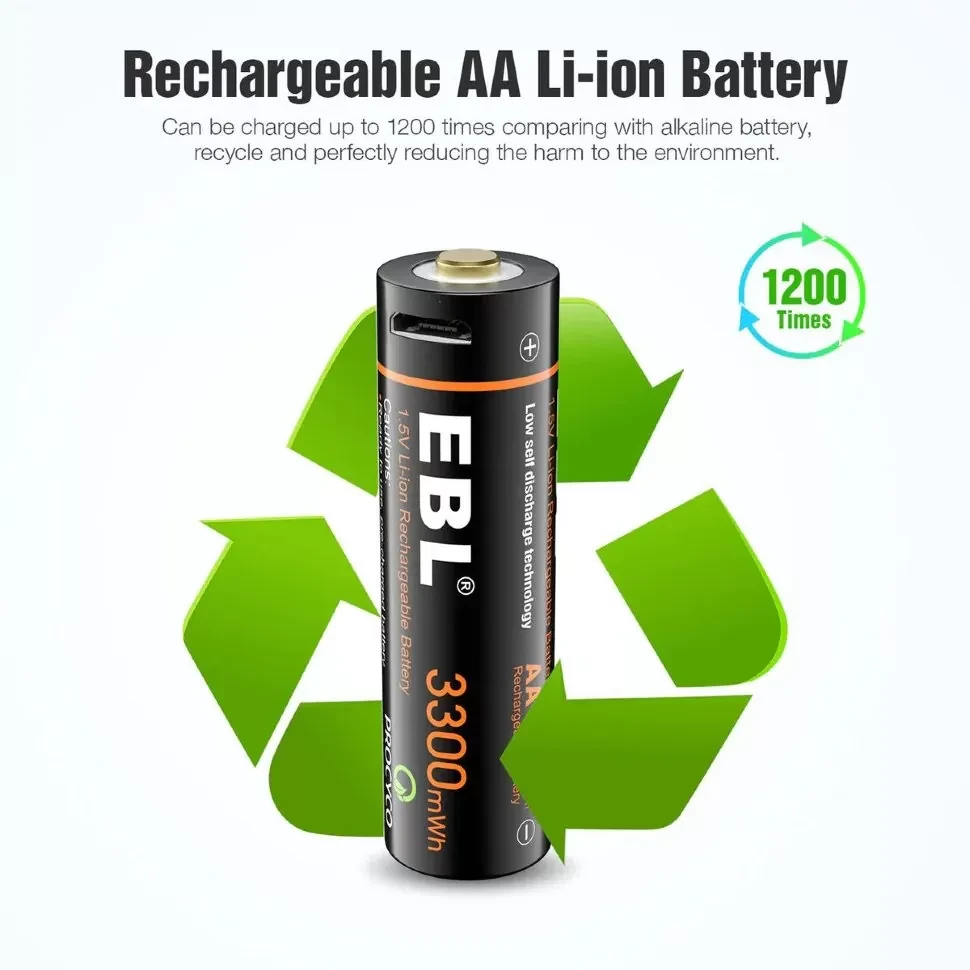 Комплект аккумуляторных батарей EBL USB Rechargeable AA 1.5V 3300mwh (4шт + зарядный кабель) - фото 5 - id-p226741486
