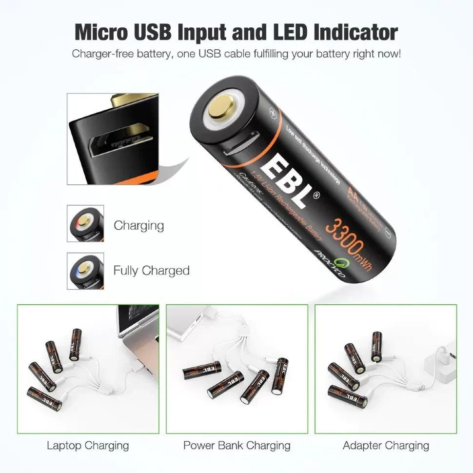 Комплект аккумуляторных батарей EBL USB Rechargeable AA 1.5V 3300mwh (4шт + зарядный кабель) - фото 6 - id-p226741486