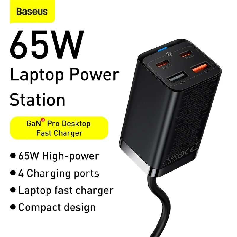 Сетевой адаптер Baseus GaN3 Pro 65W Чёрный (+ кабель Type-C 100W 1м) - фото 10 - id-p226740649