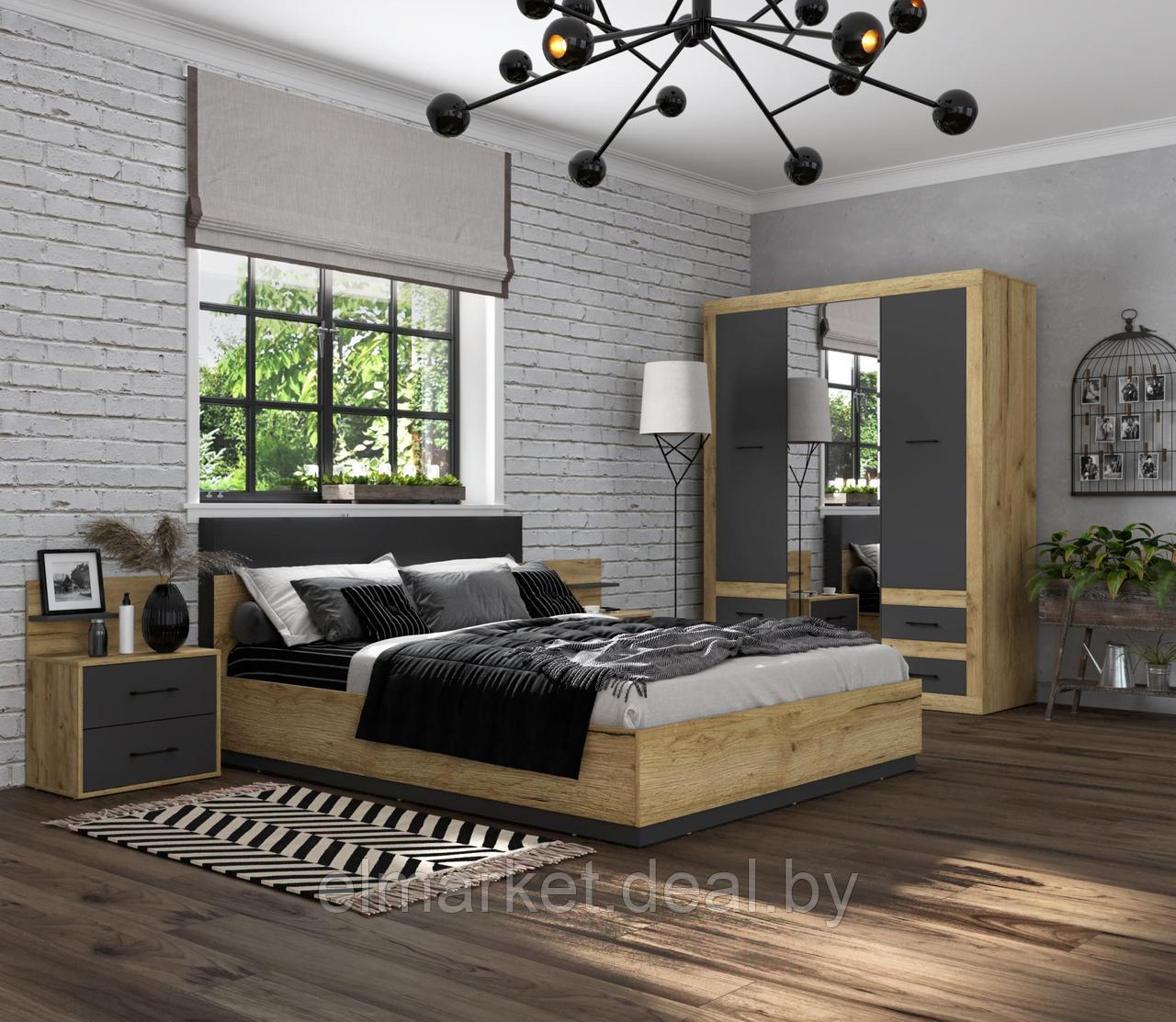 Набор мебели для жилой комнаты Интерлиния Loft-1 (Спальня-1) дуб золотой/антрацит - фото 1 - id-p226840457