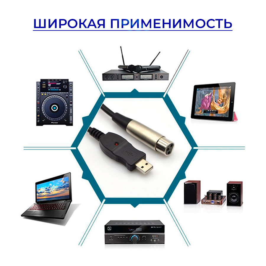 Цифровой кабель USB2.0 - XLR для микрофона с звуковой картой, 3 метра, черный 555947 - фото 3 - id-p225059241