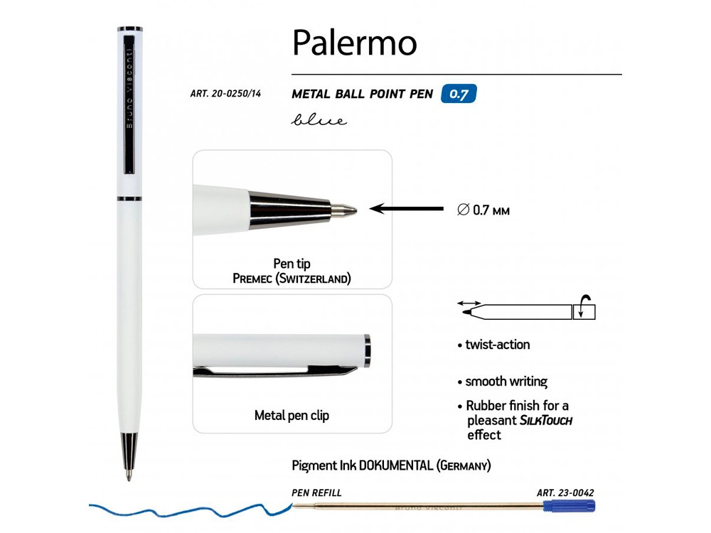 Ручка шариковая автоматическая BrunoVisconti, 0.7 мм, синяя PALERMO (белый металлический корпус) - фото 3 - id-p227133613