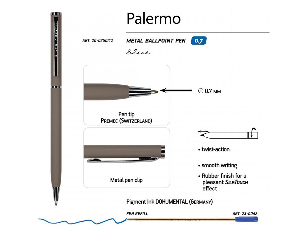 Ручка Palermo шариковая автоматическая, серый металлический корпус 0,7 мм, синяя - фото 3 - id-p227133614