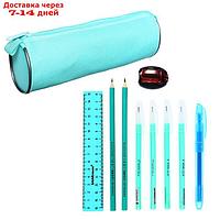 Набор канцелярский 10 предметов (Пенал-тубус 65 х 210 мм, ручки 4 штуки цвет синий , линейка 15 см, точилка,