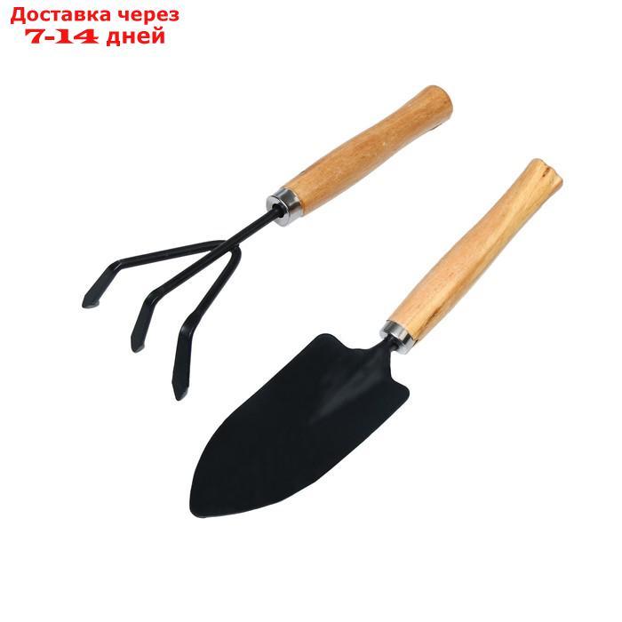 Набор садового инструмента, 2 предмета: рыхлитель, совок, длина 20 см, деревянные ручки - фото 1 - id-p226932714