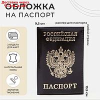 Обложка для паспорта, тиснение фольга + герб, гладкий, цвет коричневый
