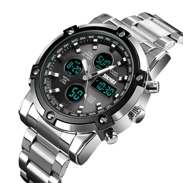 Часы мужские SKMEI 1389 ОРИГИНАЛ, водозащищенные 30м, DUAL TIME яркая зеленая подсветка - фото 7 - id-p227150270