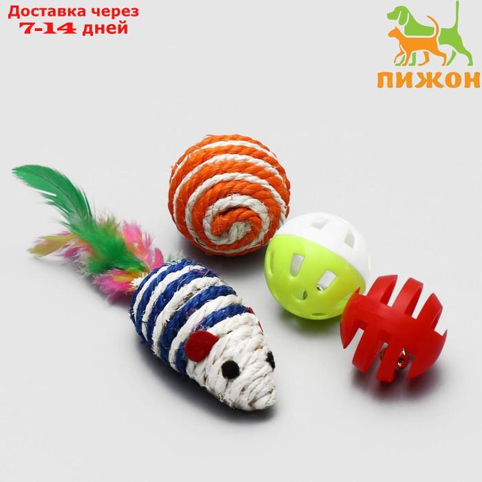 Набор игрушек для кошек: мышь и шарики из сизаля и пластика, микс цветов - фото 1 - id-p226940876