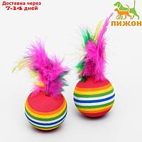 Набор из 2 игрушек "Полосатые шарики с перьями", диаметр шара 3,8 см, микс цветов