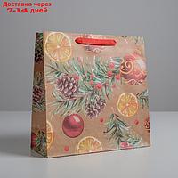 Пакет крафтовый квадратный "Новогоднее настроение", 30 × 30 × 12 см