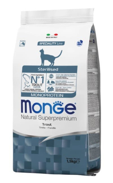Сухой корм для кошек Monge Cat Monoprotein Sterilized (форель) 1.5 кг - фото 1 - id-p222180030