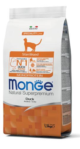 Сухой корм для кошек Monge Cat Monoprotein Sterilized (утка) 1.5 кг - фото 1 - id-p220100673