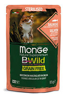 Влажный корм для кошек Monge Cat BWild Sterilised Grain Free (лосось, креветки, овощи) 85 гр