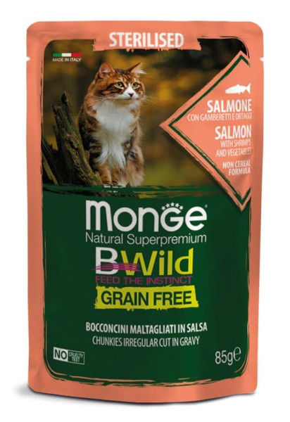 Влажный корм для кошек Monge Cat BWild Sterilised Grain Free (лосось, креветки, овощи) 85 гр - фото 1 - id-p221585056
