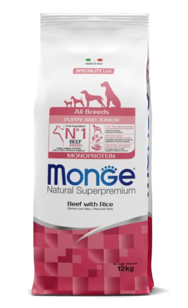 Сухой корм для щенков Monge Monoprotein Puppy & Junior All Breeds (говядина, рис) 12 кг - фото 1 - id-p221597577