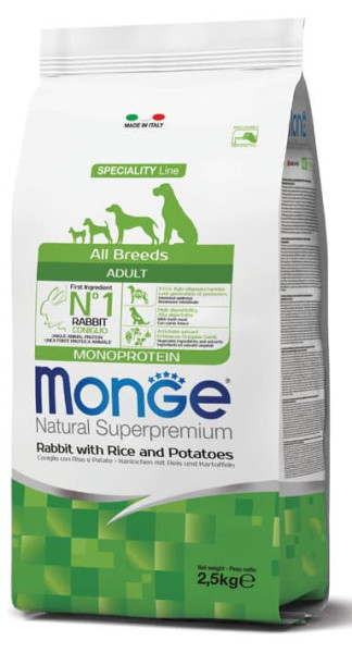 Сухой корм для собак Monge Dog Monoprotein Adult All Breeds (кролик, рис) 2.5 кг - фото 1 - id-p220793358