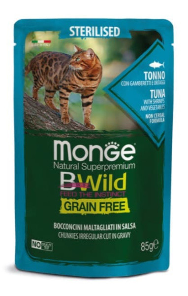 Влажный корм для кошек Monge Cat BWild Sterilised Grain Free (тунц, креветки, овощи) 85 гр - фото 1 - id-p221592442