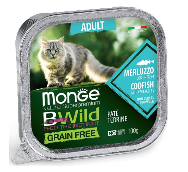 Паштет для кошек Monge Cat BWild Grain Free Codfish (треска, овощи) 100 гр - фото 1 - id-p221592445