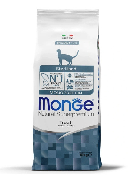 Сухой корм для кошек NEW Monge Cat Monoprotein Sterilized (форель) 10 кг - фото 1 - id-p221592449