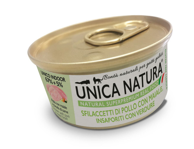 Консервы для кошек Unica Natura UNICO INDOOR (Курица, свинина с овощи) 70 гр - фото 1 - id-p223626011