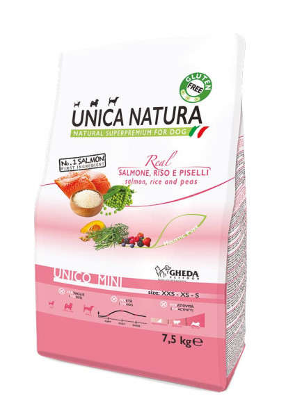 Сухой корм для собак Unica Natura Unico Mini (Лосось, рис и горох) 7.5 кг - фото 1 - id-p223626118