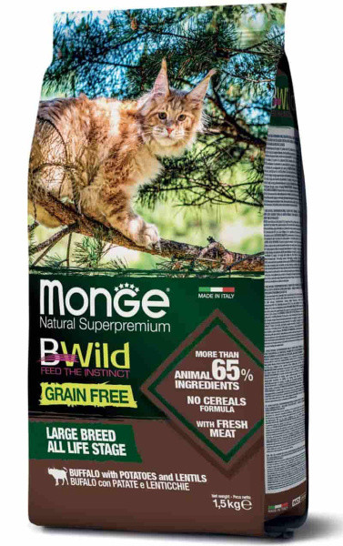 Сухой корм для кошек Monge Cat Bwild Grain Free Large Breed (буйвол) 10 кг - фото 1 - id-p220100664