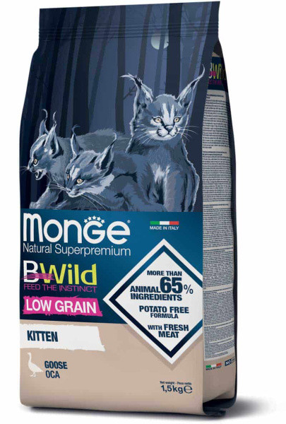 Сухой корм для котят Monge Bwild Low Grain Kitten (гусь) 1.5 кг - фото 1 - id-p224821727