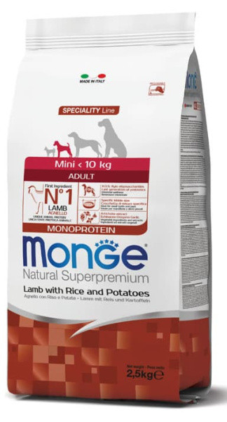 Сухой корм для собак Monge Dog Monoprotein Adult Mini (ягненок, рис) 2.5 кг - фото 1 - id-p220793356