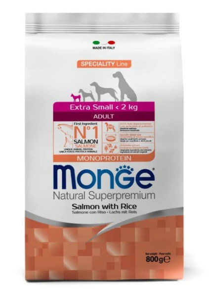 Сухой корм для собак Monge Dog Monoprotein Extra Small Adult (лосось, рис) 800 гр - фото 1 - id-p224821737