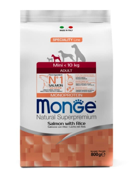 Сухой корм для собак Monge Dog Monoprotein Adult Mini (лосось, рис) 7.5 кг - фото 1 - id-p223626186