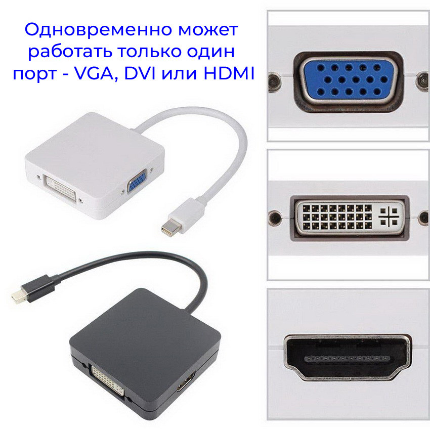 Адаптер - переходник Mini DisplayPort - HDMI - VGA - DVI, квадратный, черный 555507 - фото 2 - id-p138001975