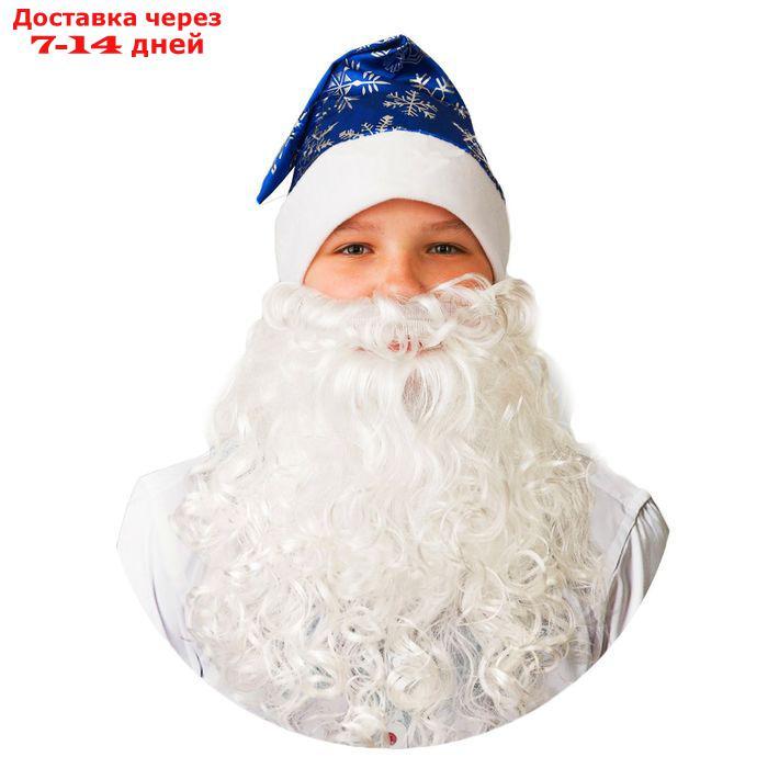 Колпак новогодний с бородой, цвет синий со снежинками, сатин - фото 1 - id-p227026976