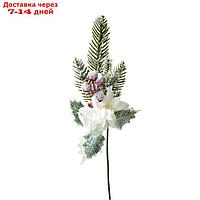 Ветка ели искусственная заснеженная с белым цветком 1 шт. 183504-1