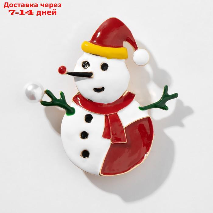 Брошь новогодняя "Снеговик" с жемчугом, цветная в золоте - фото 1 - id-p227064020