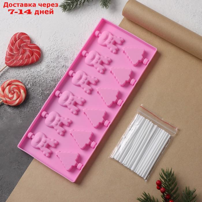Форма для леденцов 12 ячеек "Новый год" 25х10,5х1 см с палочками, цвет розовый - фото 2 - id-p227053650