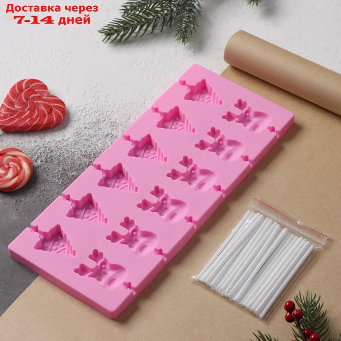 Форма для леденцов 12 ячеек "Новый год" 25х10,5х1 см с палочками, цвет розовый - фото 5 - id-p227053650