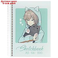 Скетчбук А5, 64 листа на гребне "Аниме персонаж", твёрдая обложка, глянцевая ламинация, блок 100 г/м2