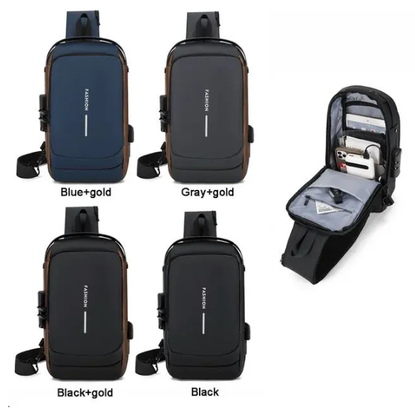 Сумка - рюкзак через плечо Fashion с кодовым замком и USB. Цвет: синий с коричневым - фото 5 - id-p205708467