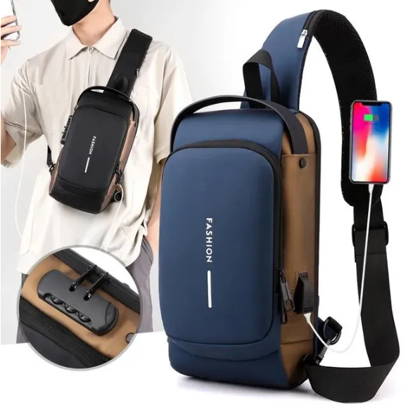 Сумка - рюкзак через плечо Fashion с кодовым замком и USB. Цвет: синий с коричневым