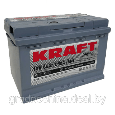 Аккумулятор 66ah KRAFT 6CТ-66, 660a, 242x175x190 мм. (-  +)
