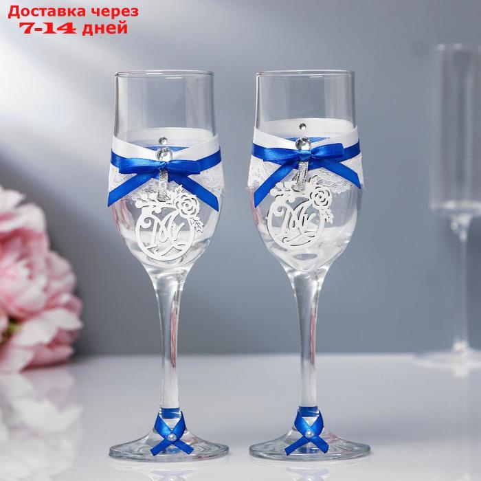 Набор свадебных бокалов "Романтика", ручной работы, синий-серебро, 6х6х20,5 см